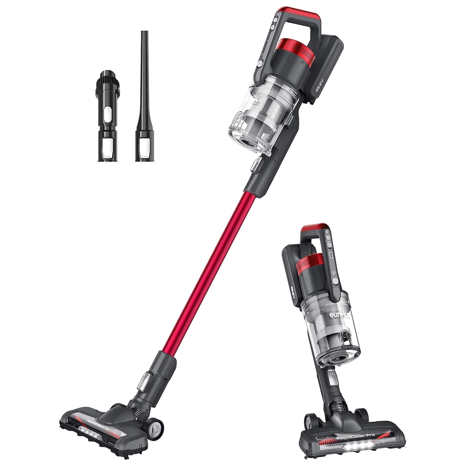 A cordless stick vacuum cleaner with a red and gray design, featuring a removable dustbin and attachments, including a crevice tool and a brush tool.