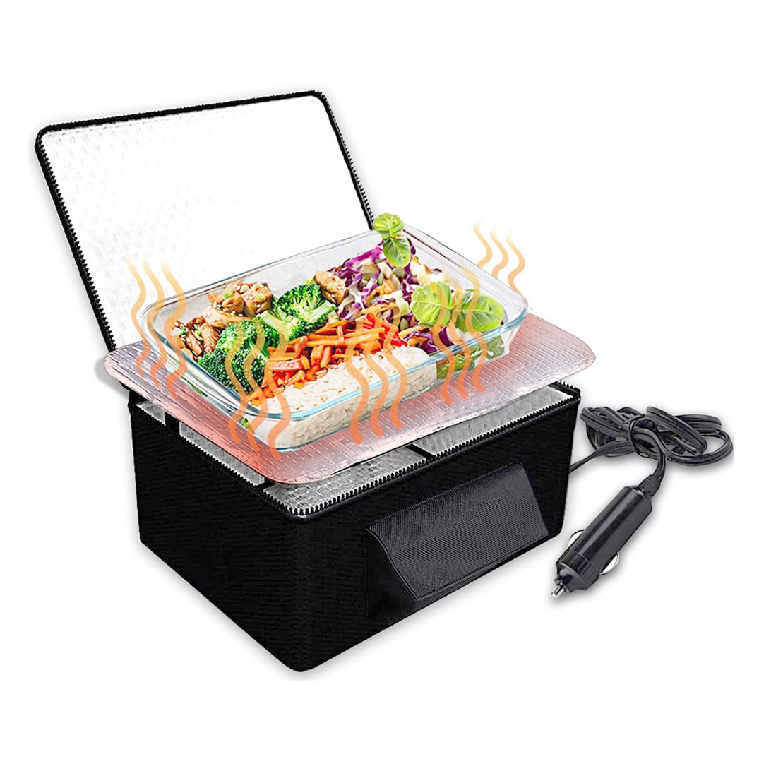 A portable electric food warmer with a glass container, designed to heat meals using a car cigarette lighter plug.