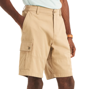 Khaki cargo shorts with buttoned pockets, belt loops, and a relaxed fit.