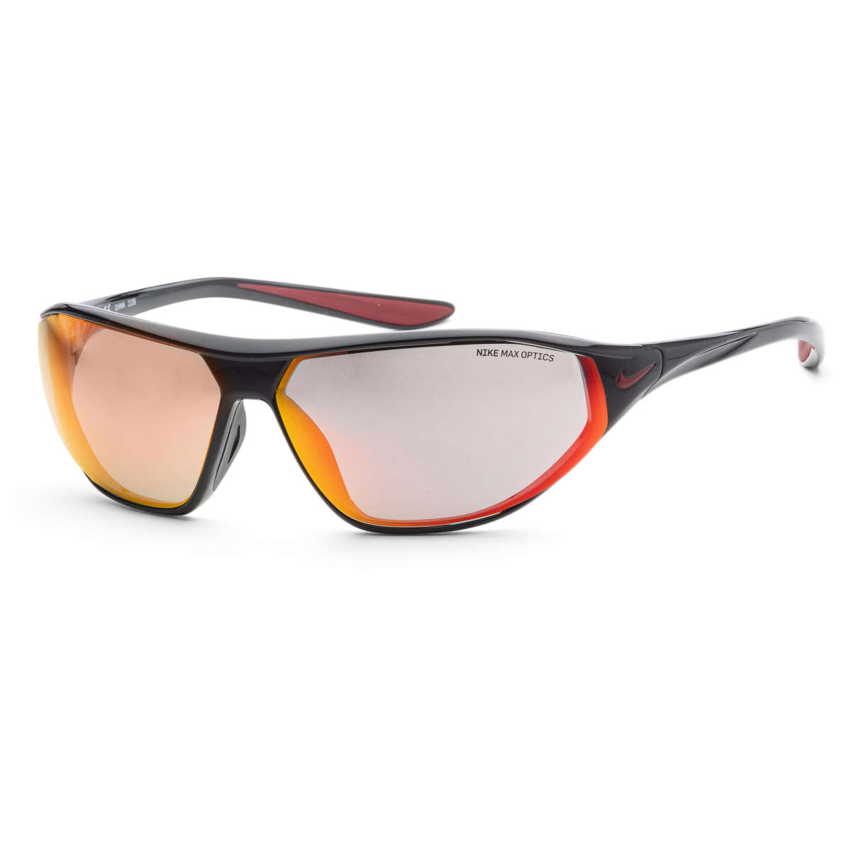 Sleek Nike sunglasses with black and red frames, featuring reflective orange-tinted lenses.