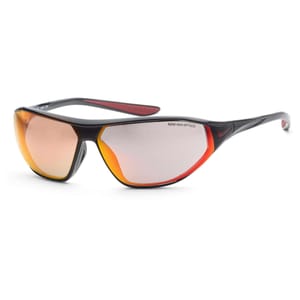 Sleek Nike sunglasses with black and red frames, featuring reflective orange-tinted lenses.