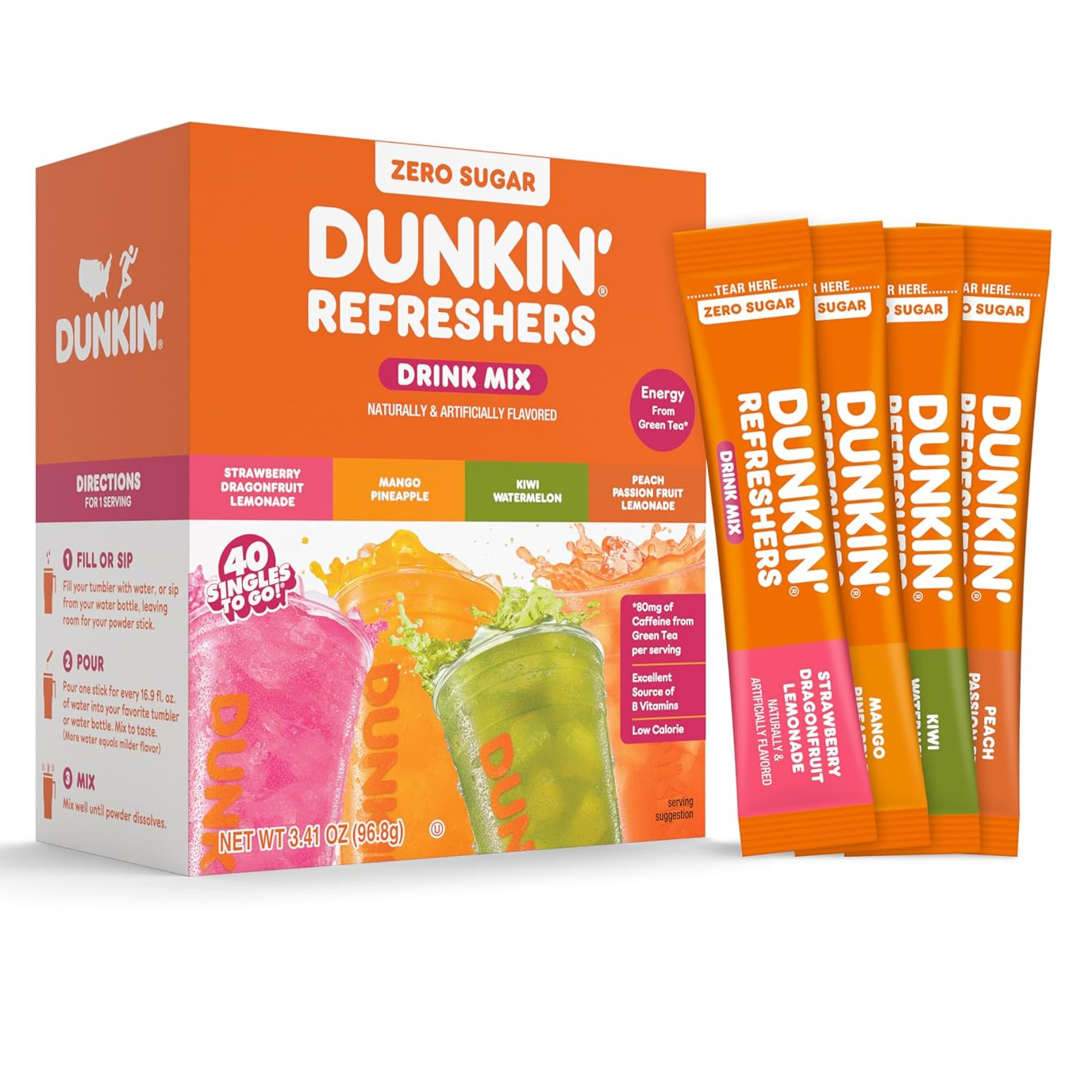 Dunkin' Refreshers Drink Mix, zero sugar, with flavors: Strawberry Dragonfruit Lemonade, Mango Pineapple, Kiwi Watermelon, and Peach Passion Fruit Lemonade. Contains energy from green tea and 40 single-serve packets.