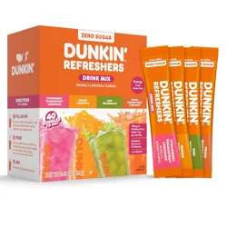 Dunkin' Refreshers Drink Mix, zero sugar, with flavors: Strawberry Dragonfruit Lemonade, Mango Pineapple, Kiwi Watermelon, and Peach Passion Fruit Lemonade. Contains energy from green tea and 40 single-serve packets.