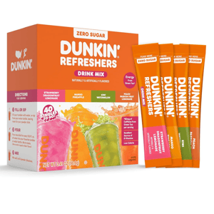 Dunkin' Refreshers Drink Mix, zero sugar, with flavors: Strawberry Dragonfruit Lemonade, Mango Pineapple, Kiwi Watermelon, and Peach Passion Fruit Lemonade. Contains energy from green tea and 40 single-serve packets.