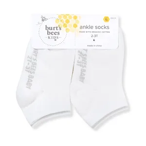 Burt's Bees Kids ankle socks, size 2-3T, come in a 6-pack. They are white, made with organic cotton, and manufactured in China.