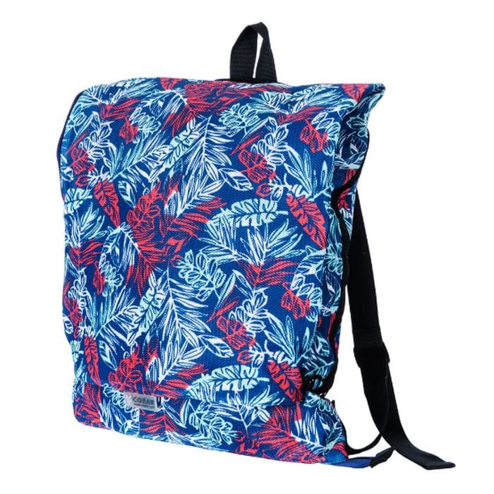 A backpack featuring a vibrant tropical leaf pattern in blue, white, and red hues, with black straps and a loop handle on top.