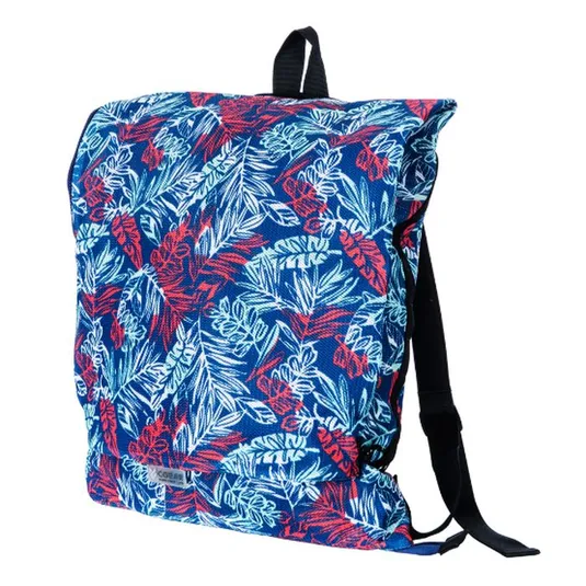 A backpack featuring a vibrant tropical leaf pattern in blue, white, and red hues, with black straps and a loop handle on top.