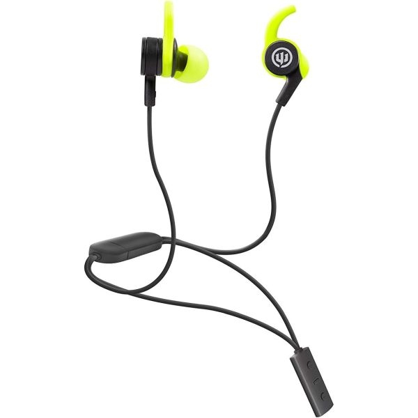 Wireless sweatproof earbuds with black cables and bright green ear tips and wings, featuring an in-line control for volume adjustment and playback.