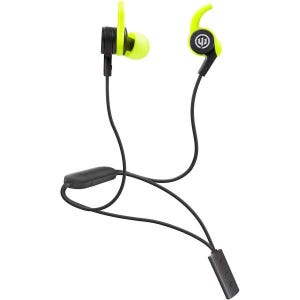 Wireless sweatproof earbuds with black cables and bright green ear tips and wings, featuring an in-line control for volume adjustment and playback.