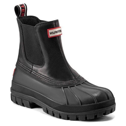 Hunter Sutton Leather Boot: A black, waterproof boot featuring leather and rubber construction, with elastic side panels and a pull tab for easy wear. It has a rugged sole for enhanced traction.