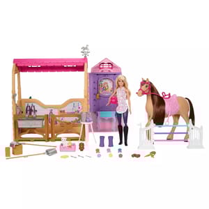 Barbie Horse Stable Set includes a doll with a horse wearing a pink saddle, a stable setup with gate and sink, hay bales, riding and grooming accessories, and small animal figures. The set is colorful, with purple and pink accents and various tools and feed items.