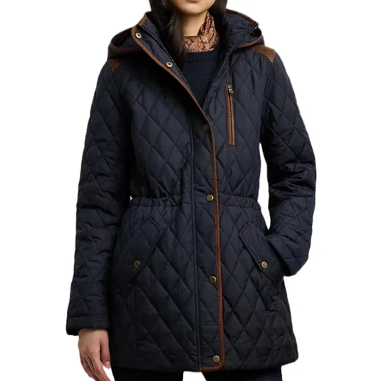 A Ralph Lauren quilted coat with a navy blue pattern, featuring brown detailing on the collar, zipper, and buttons. It includes a hood, front zipper, snap buttons, and pockets, offering a stylish and functional design.