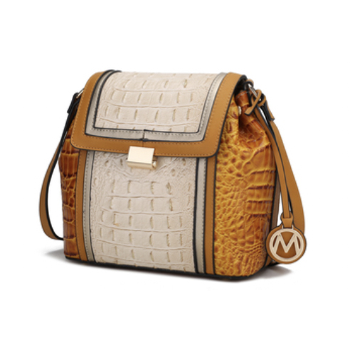 A two-tone shoulder bag with a crocodile skin texture, featuring a front flap closure, a metal clasp, and a circular logo charm.