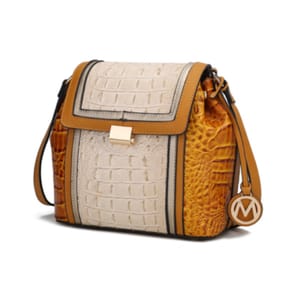 A two-tone shoulder bag with a crocodile skin texture, featuring a front flap closure, a metal clasp, and a circular logo charm.