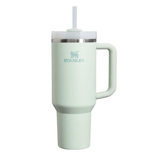 A light green Stanley Quencher Tumbler, 40oz in size, featuring a sturdy handle, a clear lid, and a reusable straw.