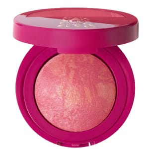 A round, pink-hued blush in a pink compact case with a decorative lid.