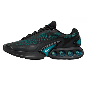 Nike Air Max DN Essential Shoes feature a sleek black and teal design with a perforated upper, cushioned sole, and visible air units in the heel for enhanced comfort and style.