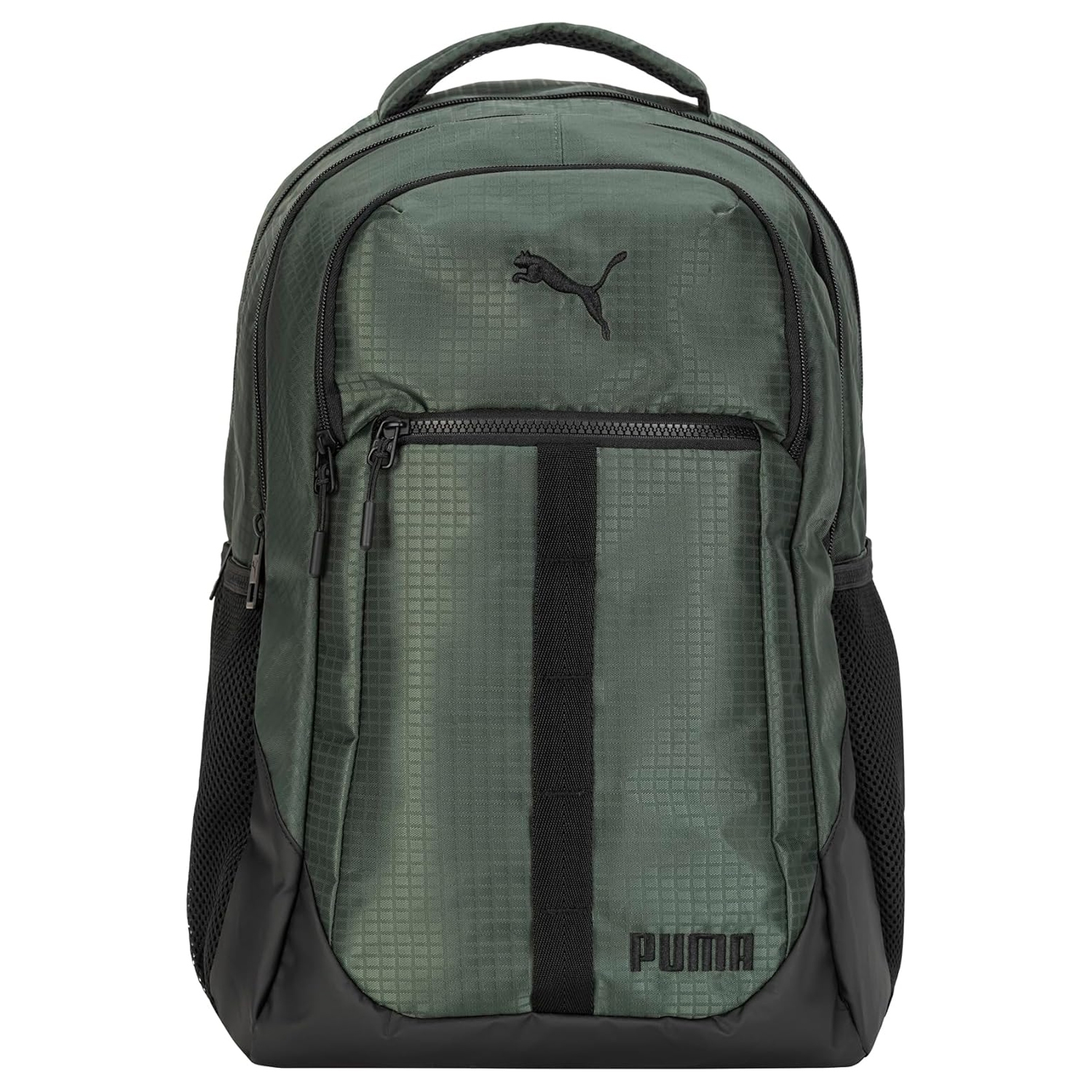 Green Puma backpack featuring a sleek design with a subtle checkered pattern, side mesh pockets, and multiple zippered compartments.