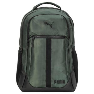Green Puma backpack featuring a sleek design with a subtle checkered pattern, side mesh pockets, and multiple zippered compartments.
