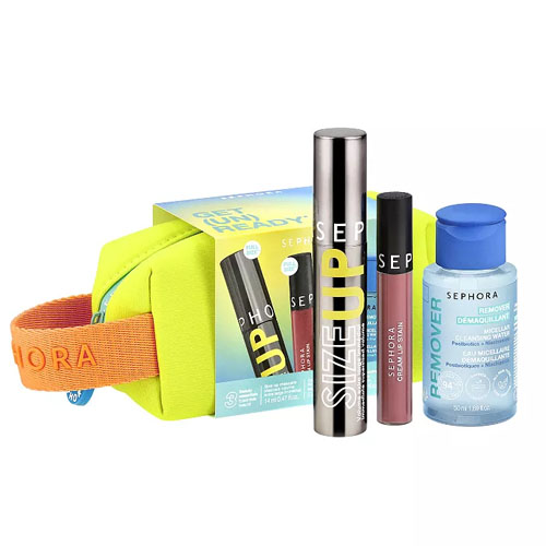 Sephora makeup set featuring Size Up mascara, a lip cream, and eye makeup remover, packaged in a neon green and orange pouch.