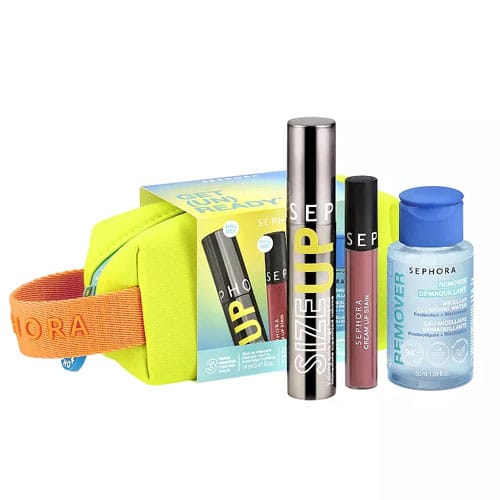 Sephora makeup set featuring Size Up mascara, a lip cream, and eye makeup remover, packaged in a neon green and orange pouch.