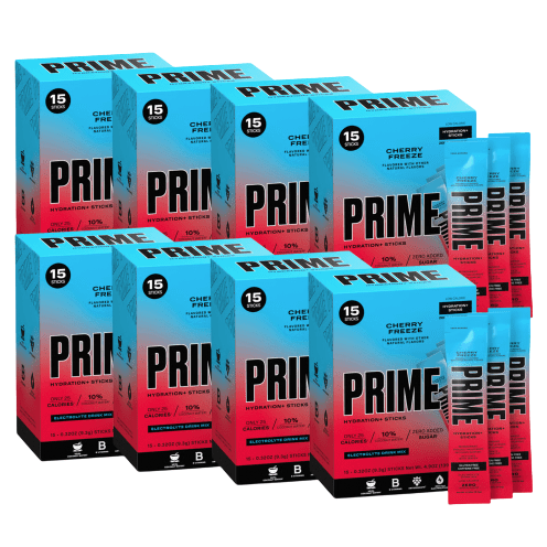 Boxes and sticks of Prime Cherry Freeze Hydration Sticks are displayed, featuring a design in blue and red tones. Each box contains 15 sticks.