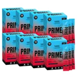 Boxes and sticks of Prime Cherry Freeze Hydration Sticks are displayed, featuring a design in blue and red tones. Each box contains 15 sticks.