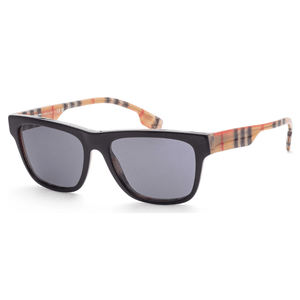 Black square-frame sunglasses with dark lenses and plaid-patterned arms.