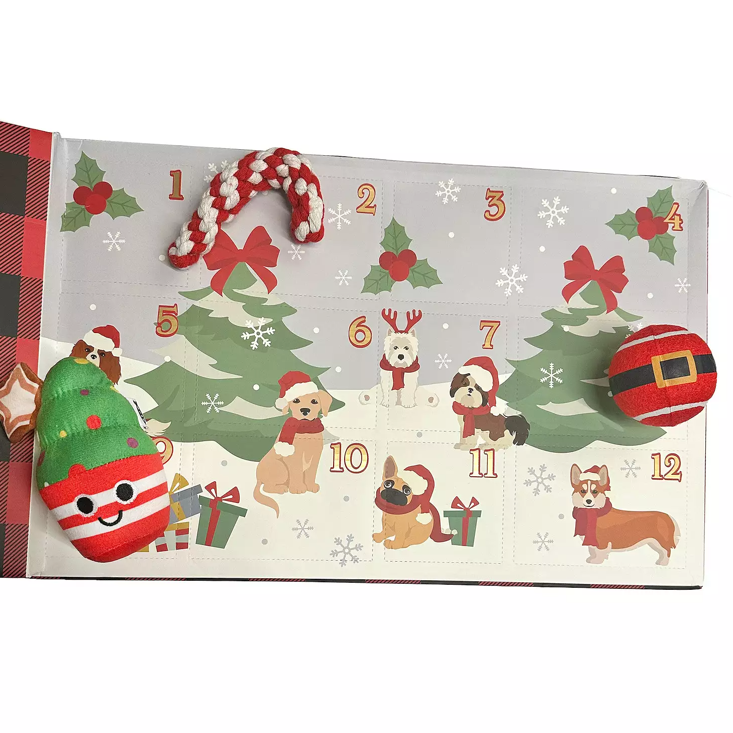 A 12-piece dog advent calendar features illustrations of festive dogs and Christmas trees. It includes pet toys, such as a candy cane rope, a Santa sweater plush, and a belt-patterned ball, each corresponding to a numbered door.