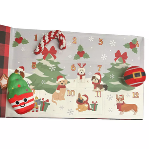 A 12-piece dog advent calendar features illustrations of festive dogs and Christmas trees. It includes pet toys, such as a candy cane rope, a Santa sweater plush, and a belt-patterned ball, each corresponding to a numbered door.