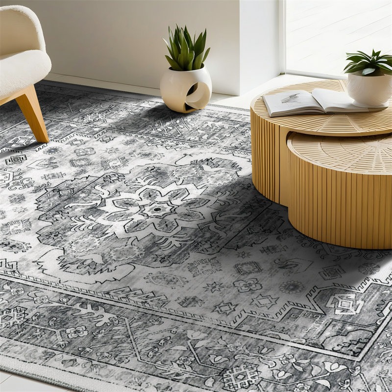 Gray patterned rug with floral motifs beneath a round wooden coffee table. Nearby, a modern white planter holds green plants, and a cushioned chair with wooden legs is partially visible.