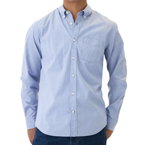A light blue button-up shirt with a classic fit, featuring a chest pocket and button-down collar, made from stretch poplin fabric.