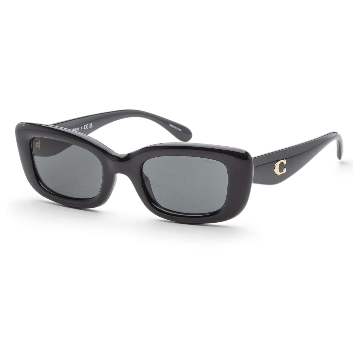Black sunglasses with a logo on the side arm.