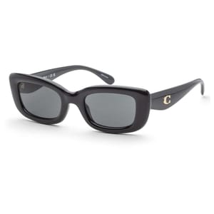 Black sunglasses with a logo on the side arm.