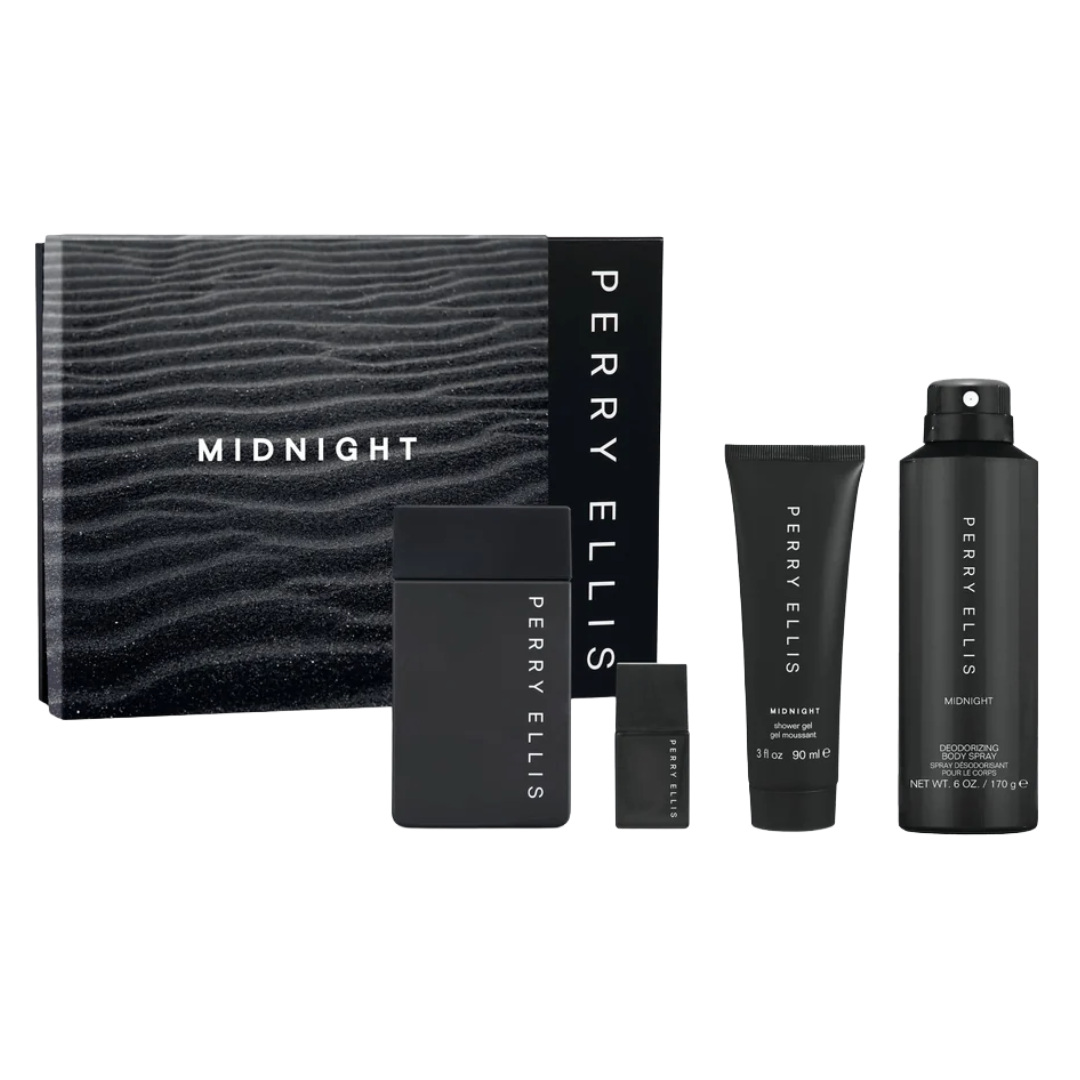 Perry Ellis Midnight gift set featuring an Eau de Toilette, travel-size spray, shower gel (3 oz, 90 ml), and deodorizing body spray (6 oz, 170 g), all packaged in a sleek, black box.