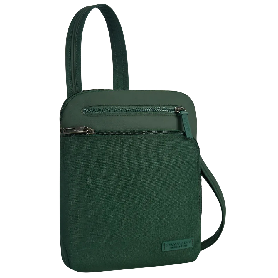 A compact dark green crossbody bag with two zippered compartments, including a front pocket and an adjustable shoulder strap.