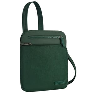 A compact dark green crossbody bag with two zippered compartments, including a front pocket and an adjustable shoulder strap.