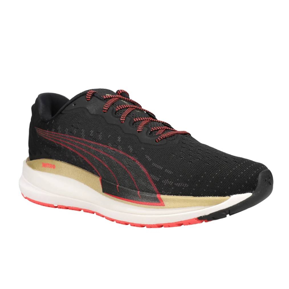 Black Puma running shoes with red laces and detailing, featuring a beige NITRO foam midsole and a red outsole accent.