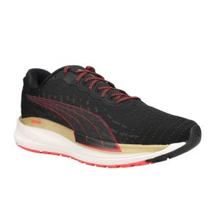 Black Puma running shoes with red laces and detailing, featuring a beige NITRO foam midsole and a red outsole accent.