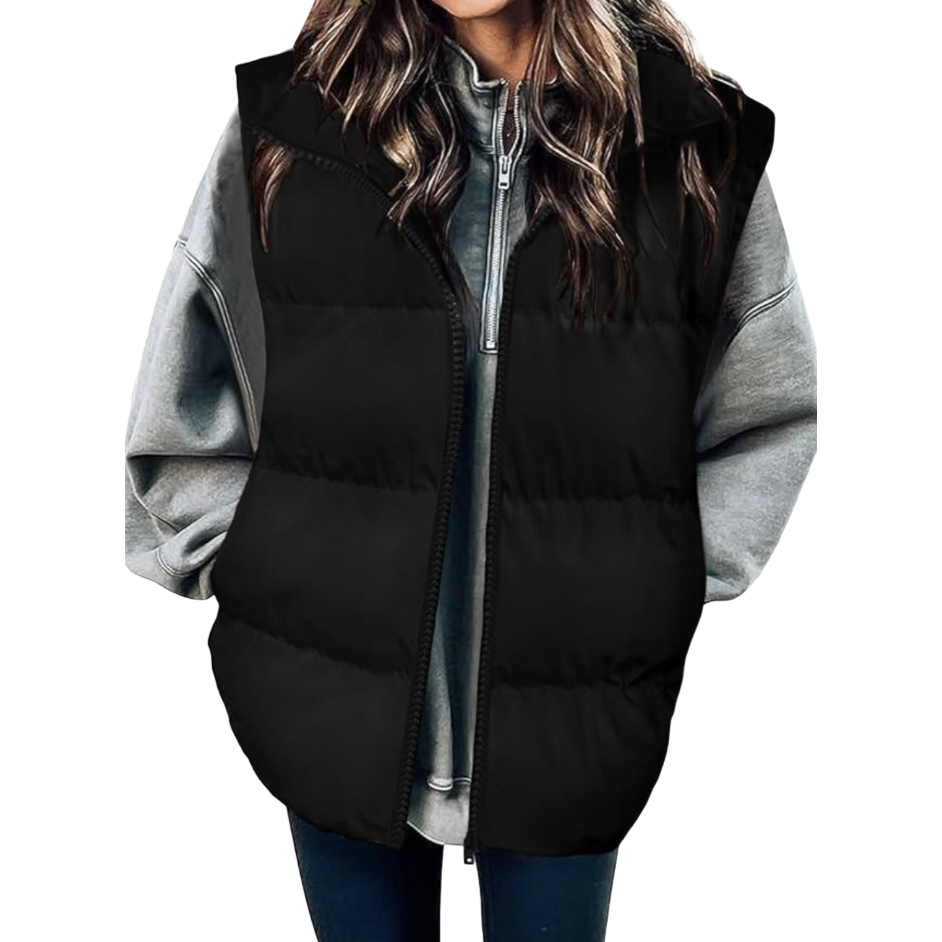 A black women's puffer vest featuring a quilted design, front zipper, and two pockets, worn over a gray hoodie.
