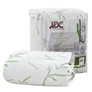 Lux Decor Collection waterproof mattress protector with bamboo design, indicating features like being easy to zip and no noise during sleep.