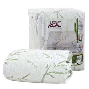 Lux Decor Collection waterproof mattress protector with bamboo design, indicating features like being easy to zip and no noise during sleep.