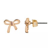 Gold bow-shaped stud earrings with a small pink gemstone center and butterfly backings.