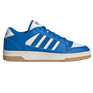 A blue and white sneaker with three stripes on the side and a gum sole.