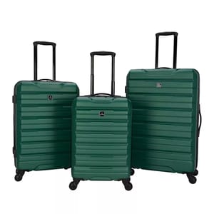 Three green hard-shell suitcases with telescopic handles and spinner wheels, shown in small, medium, and large sizes.