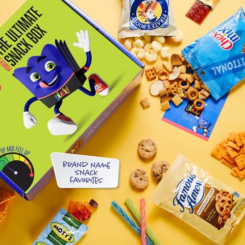 Assortment of snacks including Chex Mix, Pirate's Booty, Mott's fruit snacks, and Famous Amos cookies, displayed alongside a colorful snack box labeled \“Brand Name Snack Favorites.\“