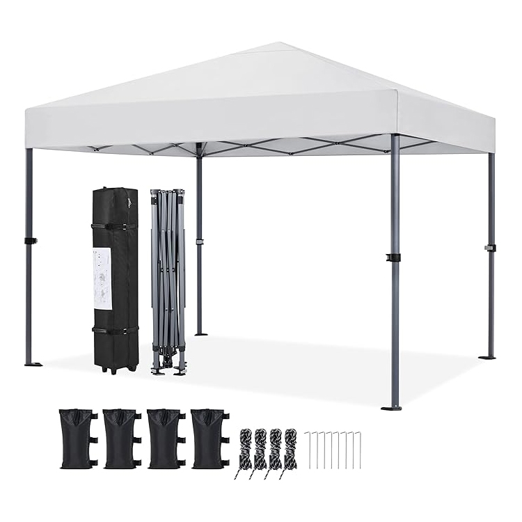 White pop-up canopy tent with sturdy frame, portable carrying case, four sandbags, ropes, and stakes.
