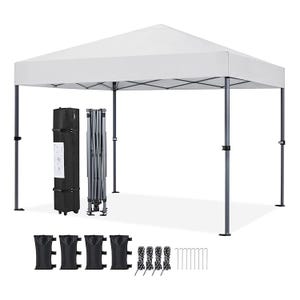 White pop-up canopy tent with sturdy frame, portable carrying case, four sandbags, ropes, and stakes.