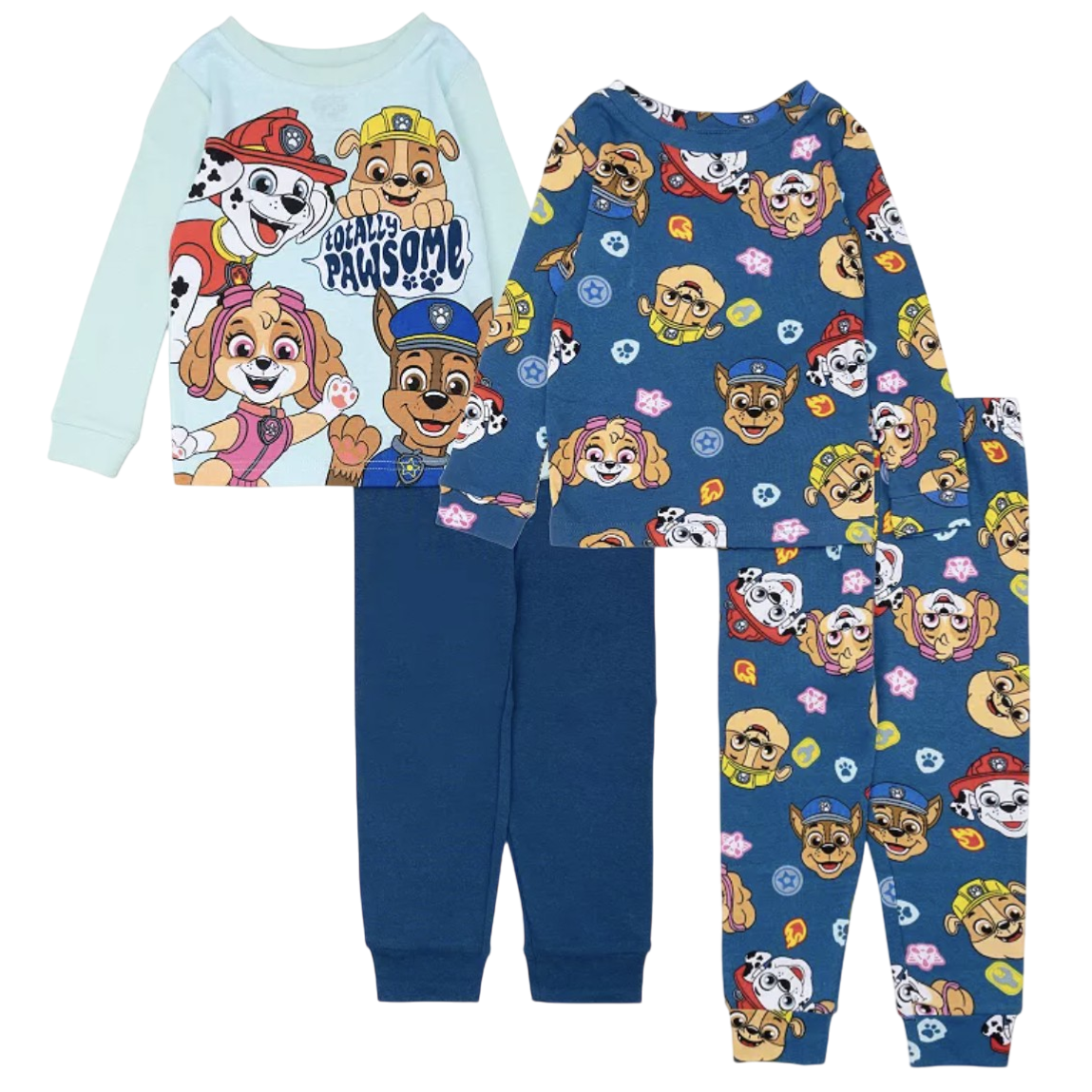 Children's pajama sets featuring cartoon canine characters from \“PAW Patrol,\“ with one set in light blue and the other in blue with colorful character patterns.