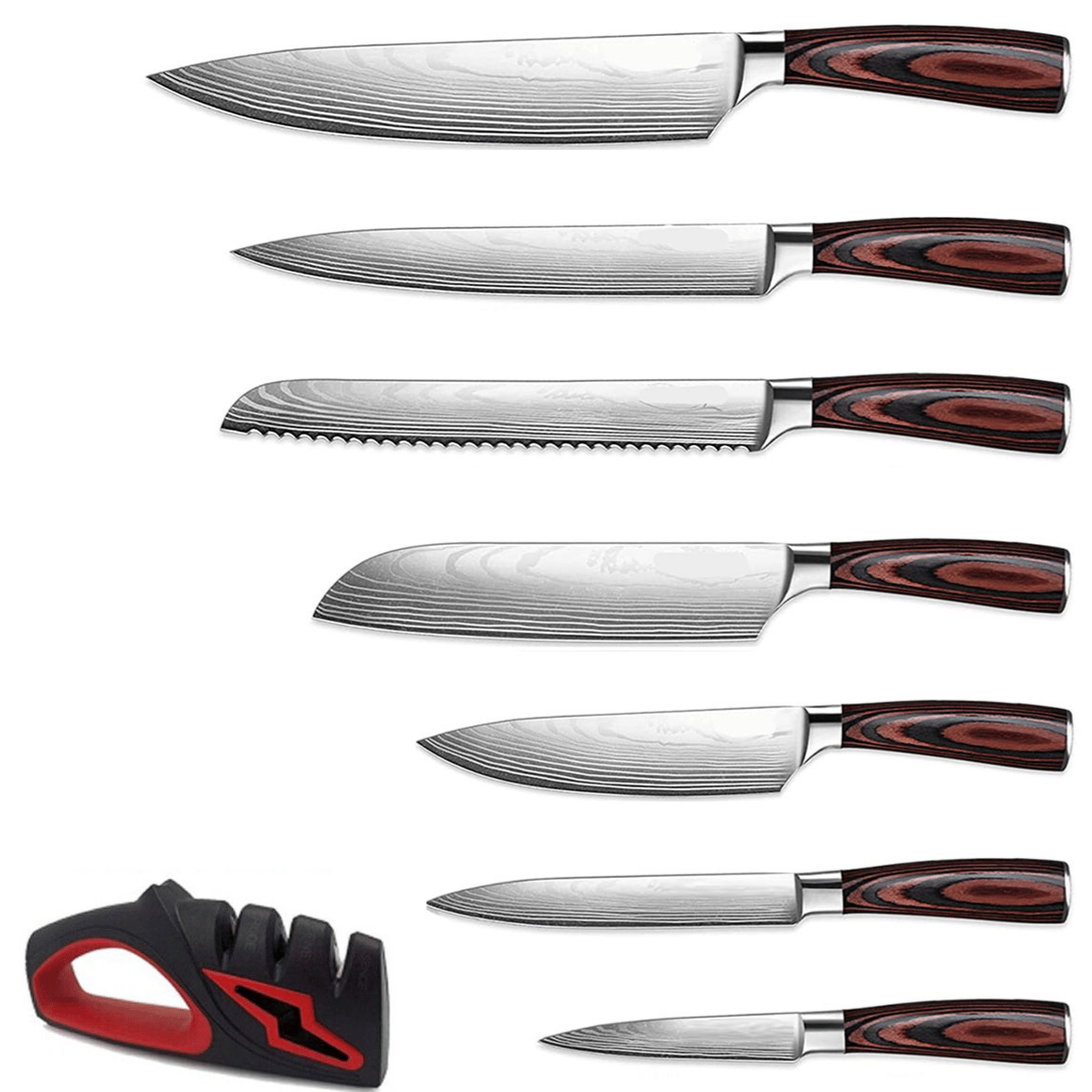 A set of six knives with dark wooden handles, featuring various blade styles including serrated and chef’s knives, accompanied by a black and red knife sharpener.
